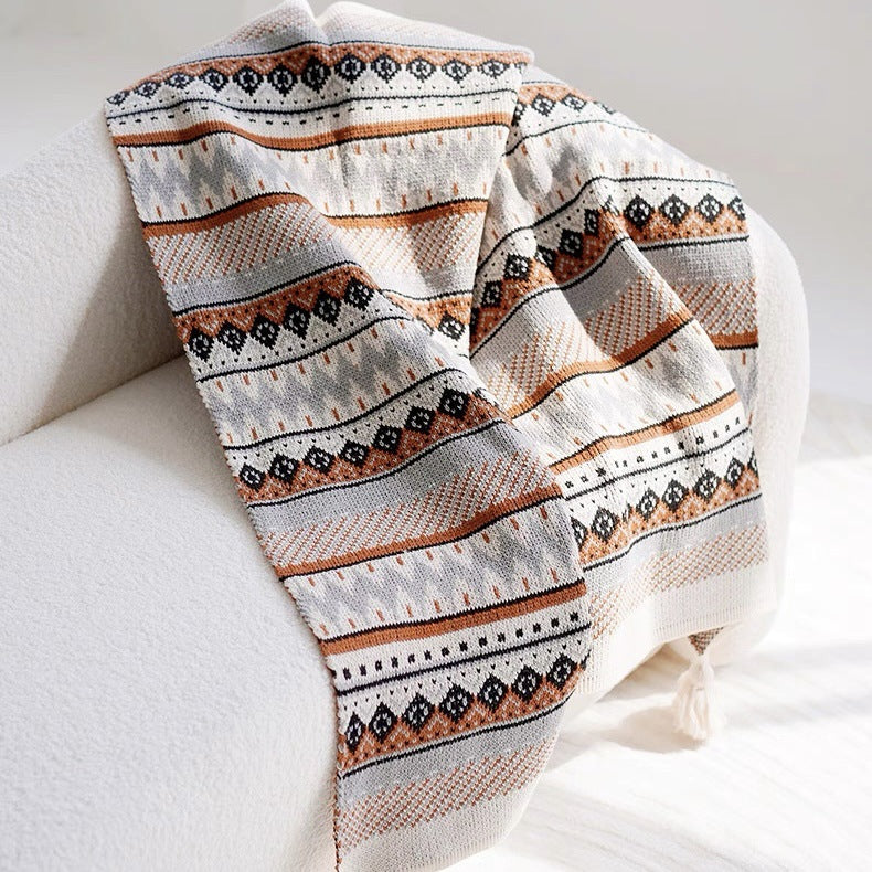 Boho Geometric Throw Blanket - Fringed Woven Polyester Couch Blanket
