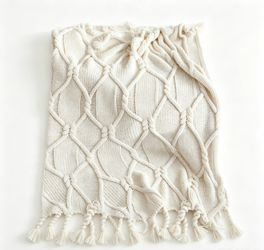 Macrame Knotted Throw Blanket - Heavyweight Boho Woven Couch Blanket