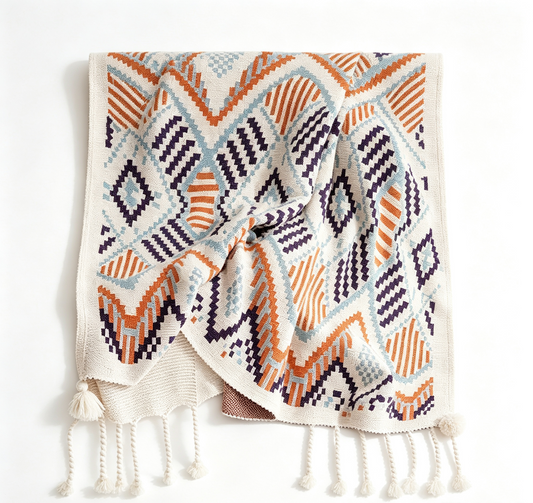 Boho Geometric Throw Blanket - Fringed Woven Polyester Couch Blanket