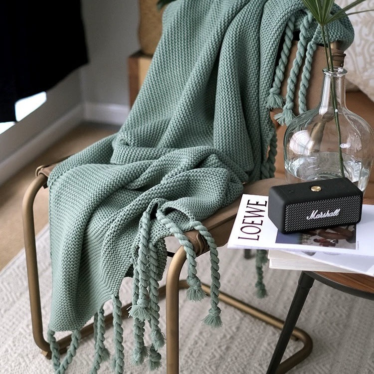 Chunky Knit Throw Blanket - Boho Fringed Woven Couch Blanket