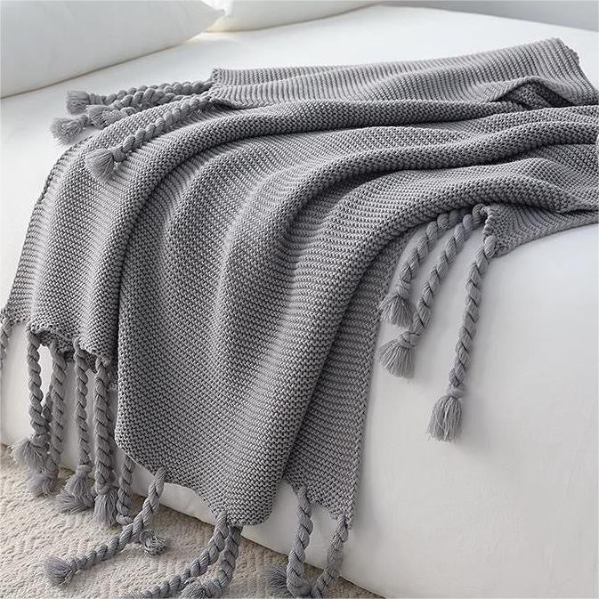Chunky Knit Throw Blanket - Boho Fringed Woven Couch Blanket