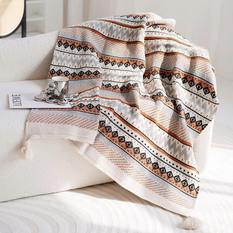 Boho Geometric Throw Blanket - Fringed Woven Polyester Couch Blanket