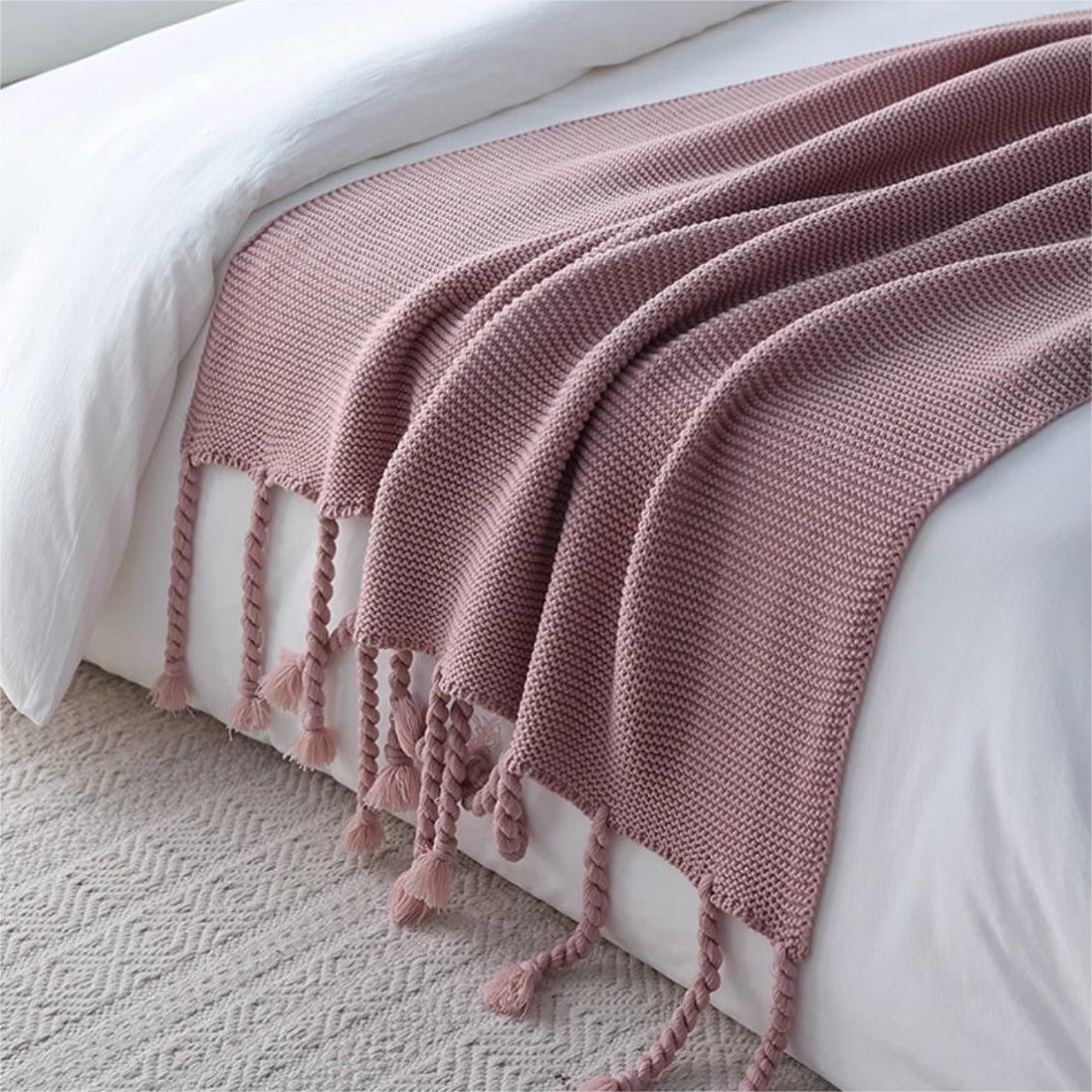 Chunky Knit Throw Blanket - Boho Fringed Woven Couch Blanket