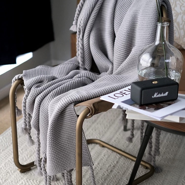 Chunky Knit Throw Blanket - Boho Fringed Woven Couch Blanket