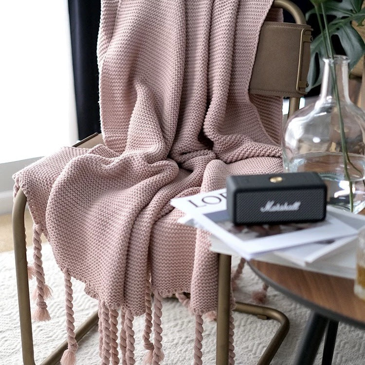 Chunky Knit Throw Blanket - Boho Fringed Woven Couch Blanket