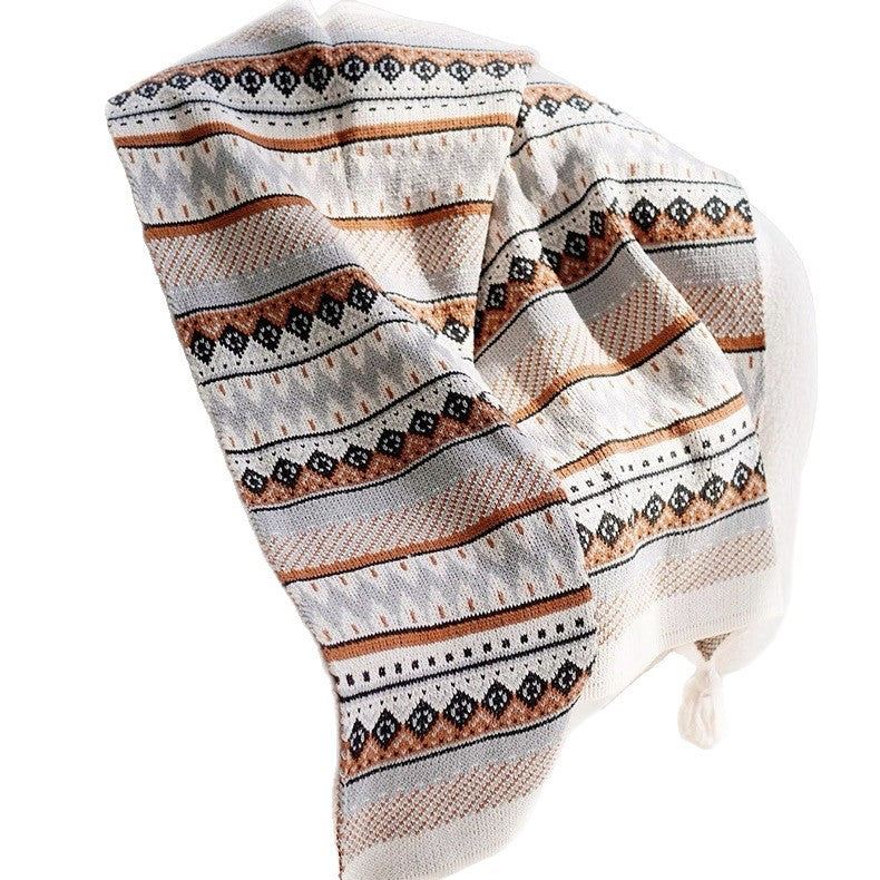 Boho Geometric Throw Blanket - Fringed Woven Polyester Couch Blanket