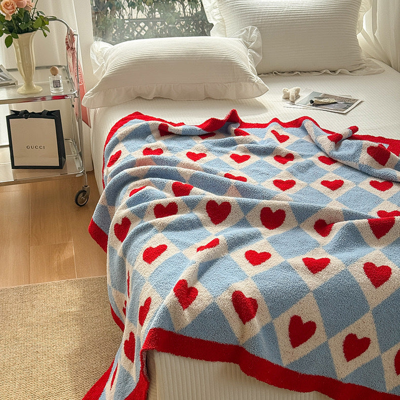 Cute Heart Checkered Throw Blanket - Soft Cozy Polyester Bed Blanket