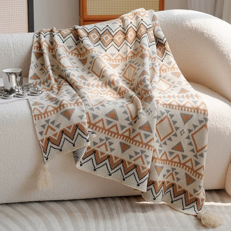 Boho Geometric Throw Blanket - Fringed Woven Polyester Couch Blanket