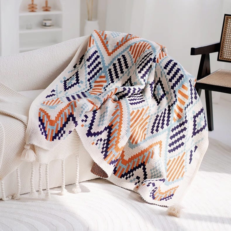 Boho Geometric Throw Blanket - Fringed Woven Polyester Couch Blanket